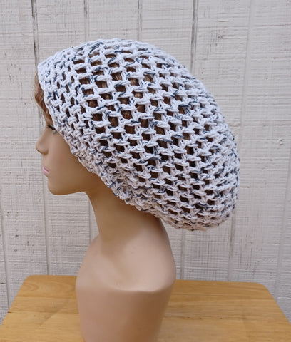 Speckled white charcoal cotton slouchy beanie small dread tam hat summer beanie